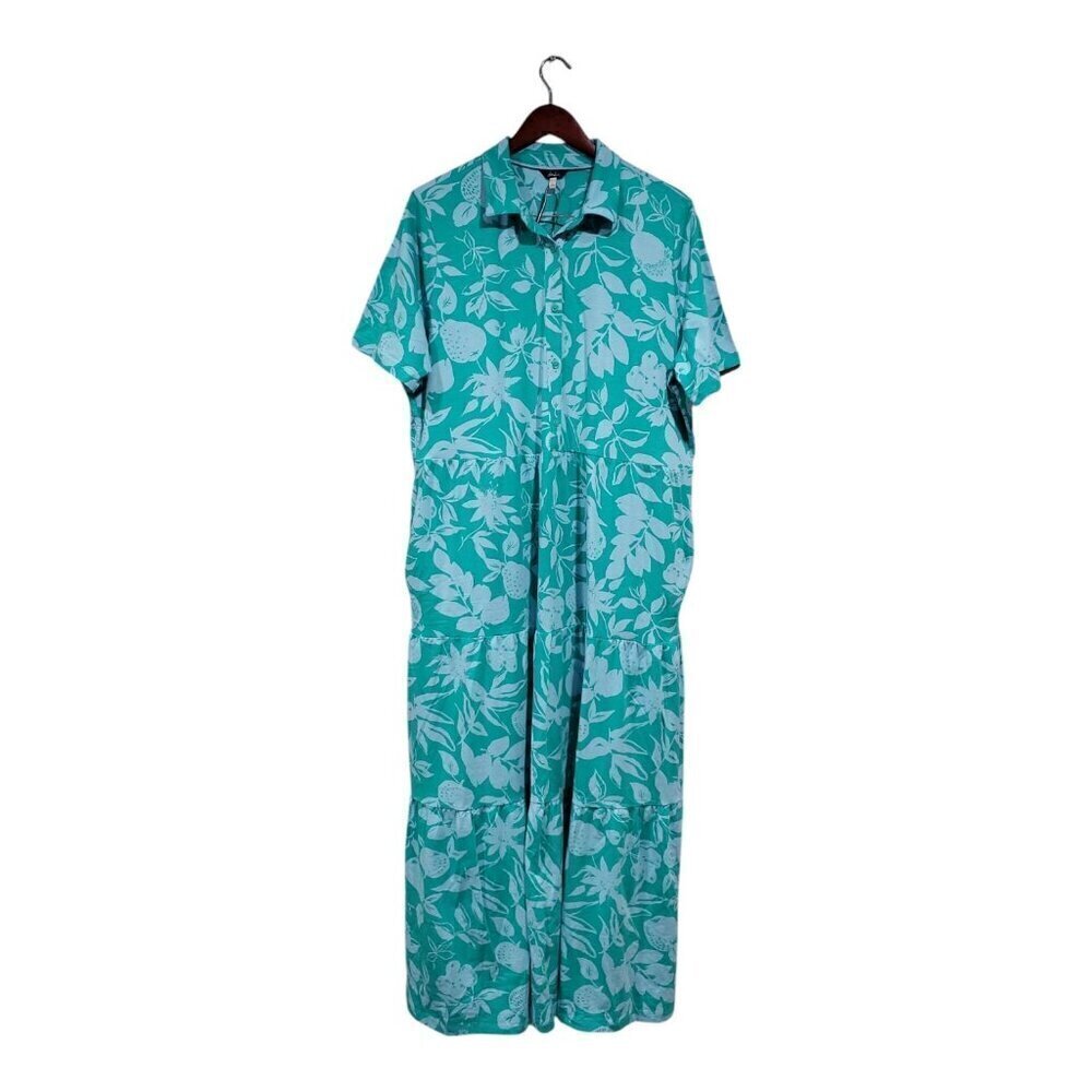 Joules Button-Down Maxi Shirt Dress Tiered Short Sleeve Aqua Floral Fruit Sz 16